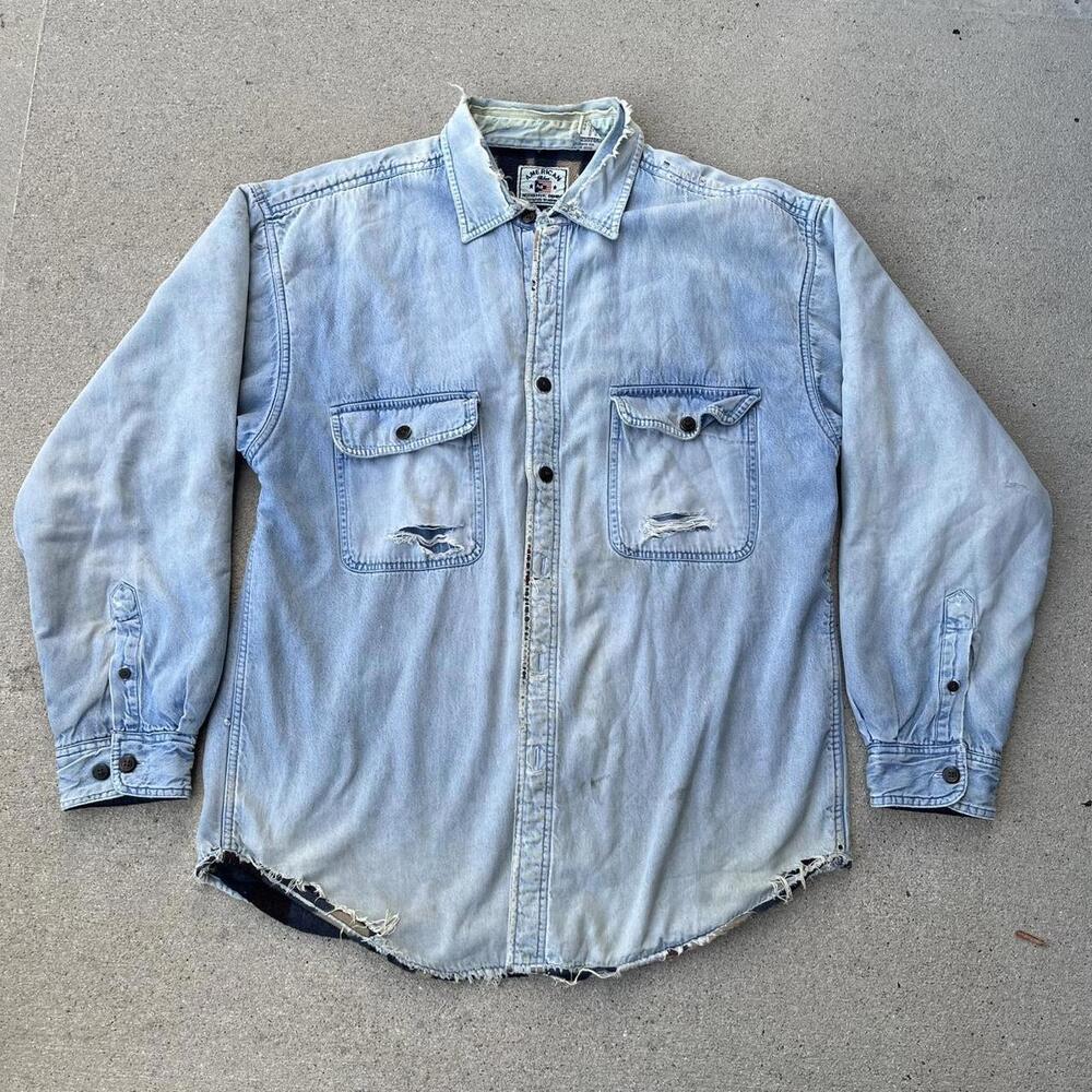 American blues distressed Light blue wash button up w/ brown plaid lining